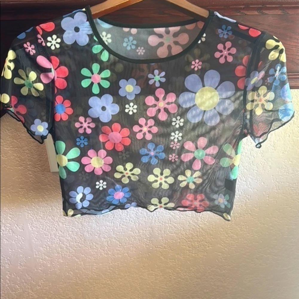 Floral Mesh Crop Top - Multicolor See Through Sheer Ying Yang Groovy Blouse
